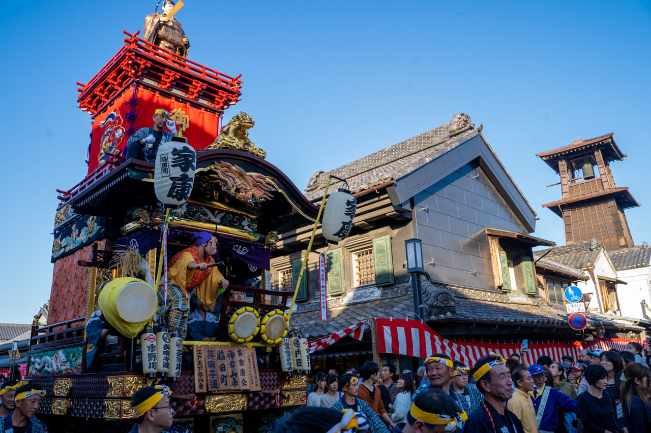昼の川越まつりで、蔵造りの町並みを背景に進む山車と多くの観客